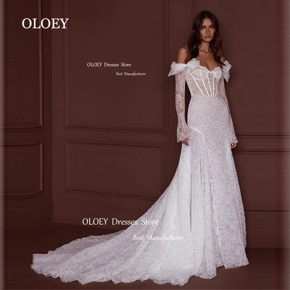 

OLOEY Exquisite Lace Wedding Dresses A Line Sweetheart Bridal Gowns Off Shoulder Button Back Robe De Mariée Bows Custom Made