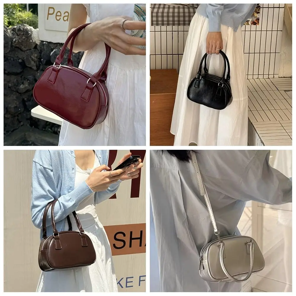 Ins PU Leather PU Bowling Bag Solid Color Korean Style Silver Handbag Large Capacity Miu Style Shoulder Bag Outdoor