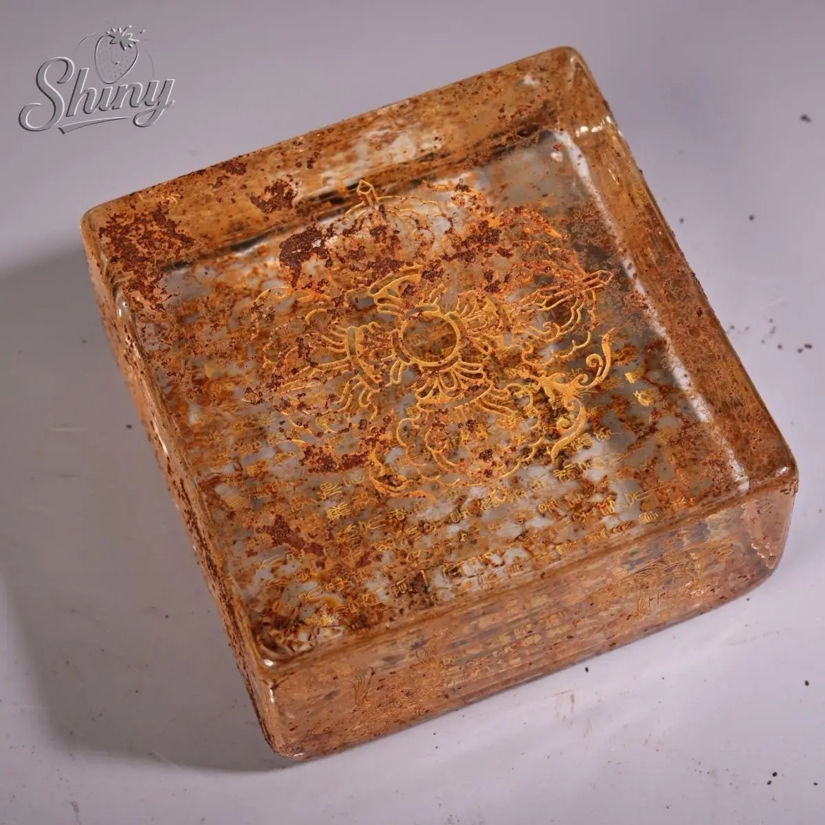 

3.9inch Old Chinese Buddhist temple Crystal Engraving Totem Sutra Buddhist Statue Crystal Brick Feng Shui Ornament