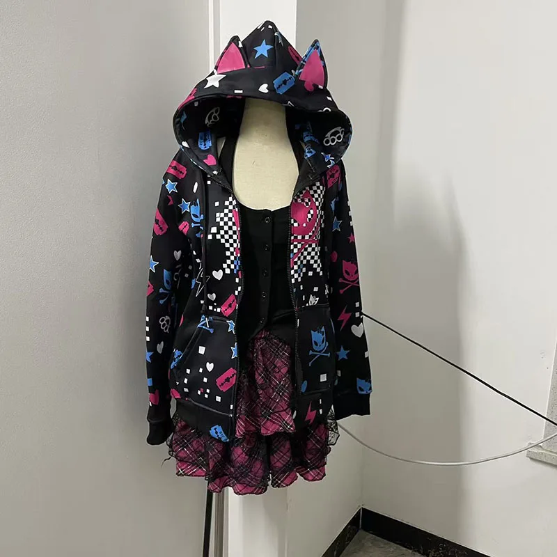 

Женская толстовка Y2K в винтажном стиле 90-х, уличная одежда в стиле хип-хоп, худи на молнии, оверсайз с принтом черепов, готический свитшот