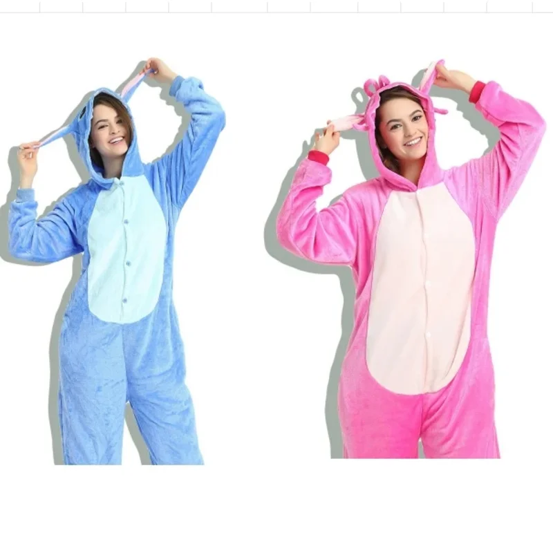 

2025 New Halloween Cosplay Costume Stitch Kids Adult Hooded Pajamas for Adults Halloween Clothes Winter Women Men Cosplay Sleepw