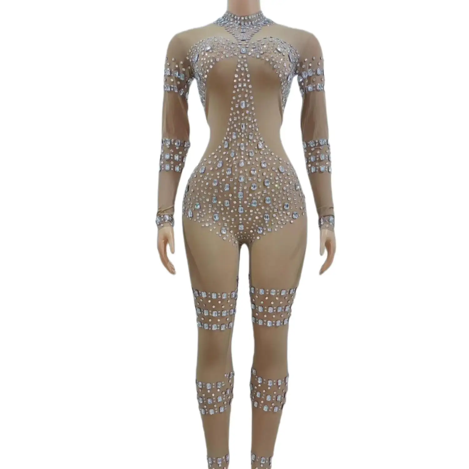 

Transparent Rhinestones Sexy Nude Jumpsuit Women's Jumpsuit Stretch Bodysuit Outfit Evening Singer Performance Costume Sexy Show