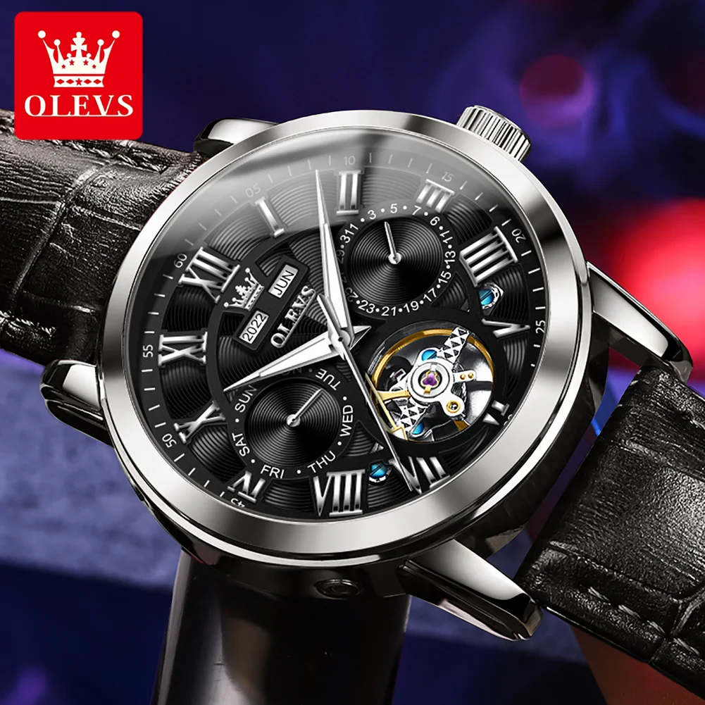 OLEVS 6668 Automatic Man Watch Hollow Roman Numeral Dial Leather Strap Waterproof Dual Calendar Mechancial Wrist Watches for Men