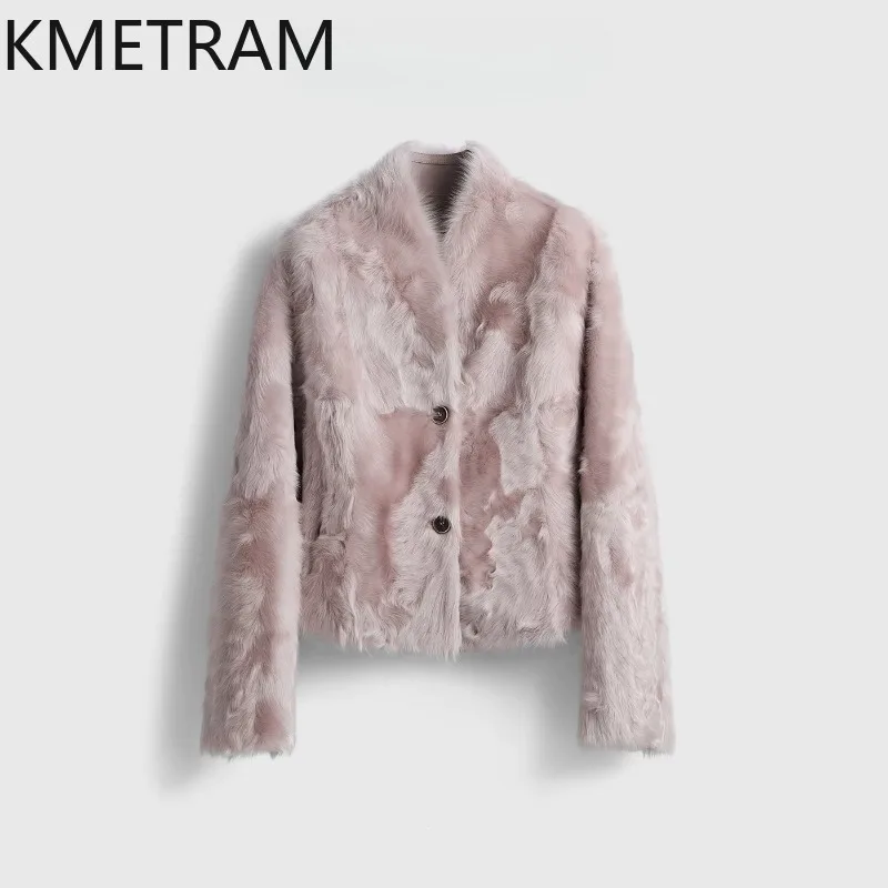 KMETRAM Reversible Raw Xiaohu Sheep Shearling Fur Coat Woman Cropped Fur Jacket Womens Winter Coats Loose Outerwear V-neck Шуба