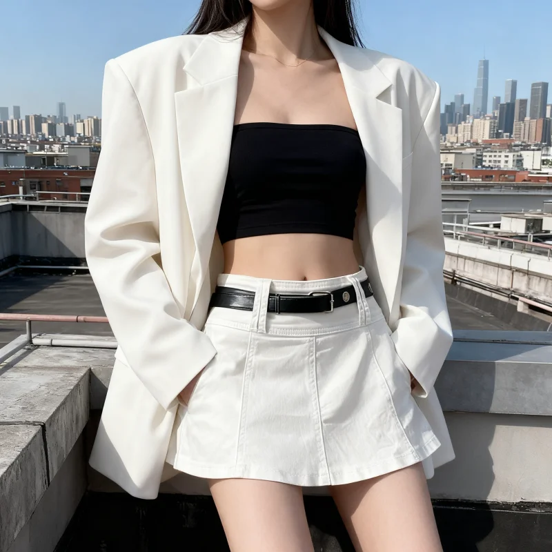 

2025 spicy girl style imitation denim short skirt A-line pleated skirt high waist Korean girl group style workwear pocket skirt