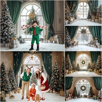Winter Snow Window Christmas Photography Backdrop Green Curtain Xmas Tree Baby Photo Photographic Holiday Party Decor Background