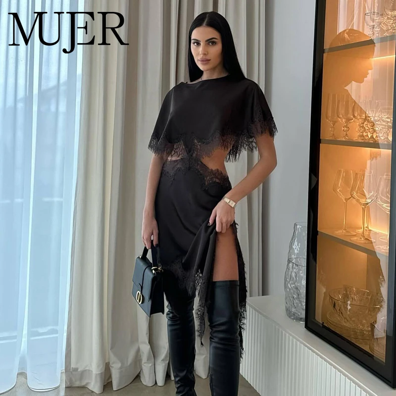 MUJER Cut out Lace Dress Woman Black Asymmetric Midi Dresses for Women Sexy Evening Women's Dresses Cape Sleeve Dress Female