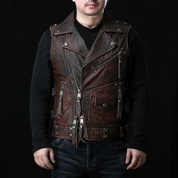 Vintage Motorcycle Lapel Sleeveless Jackets Men's Genuine Leather Cow skin Vests