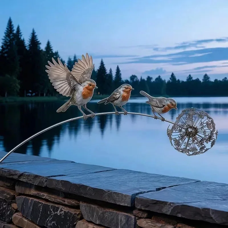 Metal Wrought Iron Dandelion Garden, Stake Robin Bird Sculpture Outdoor, Lawn Yard Decoration Flower Pot, Marker Ornament Gift