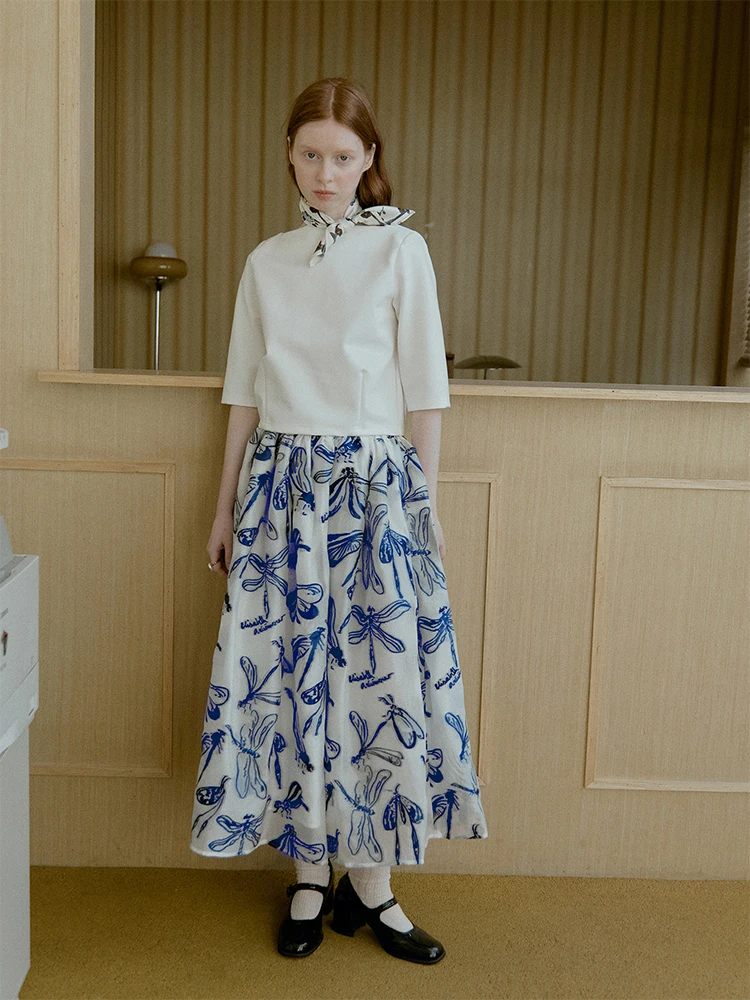 

Xunruo EabethAnisimow Collaborative Vintage Dragoy Motif Embroidery f-length Skirt High Waist Polyester Fiber