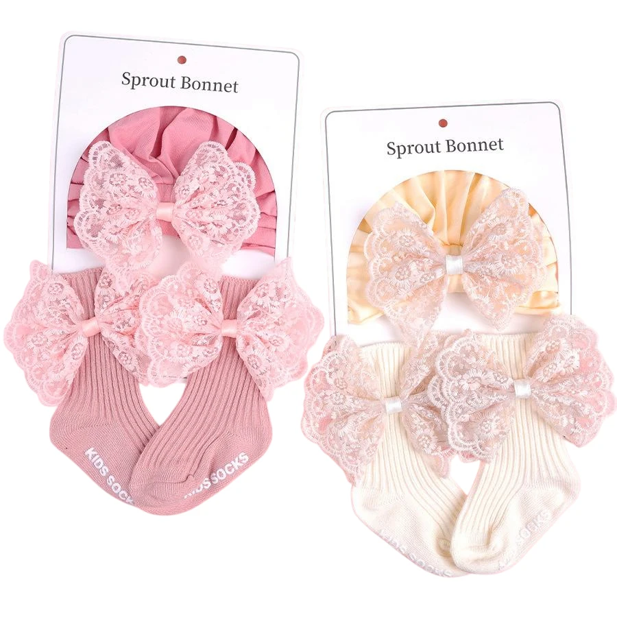 

2pcs Baby Turban Cap Socks Set Lace Bowknot Newborn Indian Hat Solid Cotton Kids Short Sock Children Headwear Hair Accessories