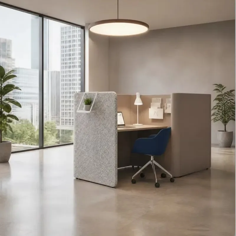 Open-plan office cubicles with carbon steel frames, double-sided chipboard desks, and wireless charging