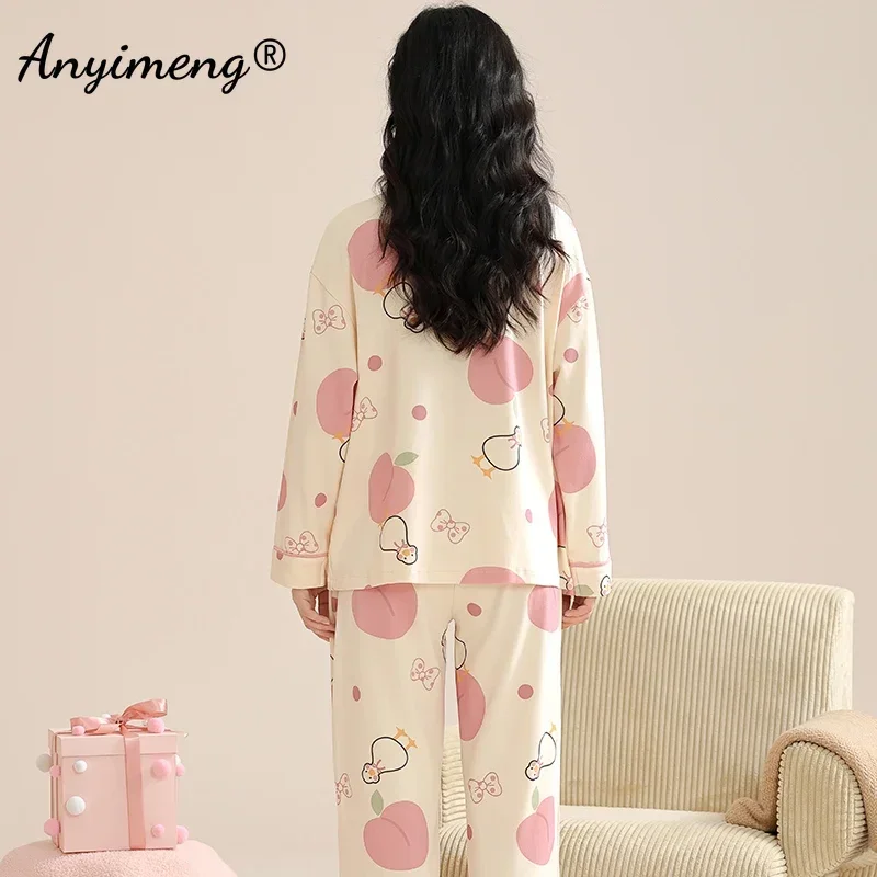 Cute Duck Printing Autumn Winter New Kimono Lapel Woman Pajamas Set Elegant Lady Kawaii Pijamas Set Girls Leisure Loungewear Pjs