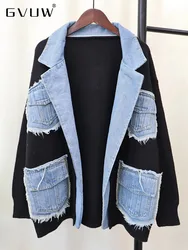 GVUW Nische Design Denim Jacken Frauen Revers Verstärktes Gestrickte Offenen Stich Volle Hülse Outwear Neue 2024 Weibliche Kleidung 17G8260