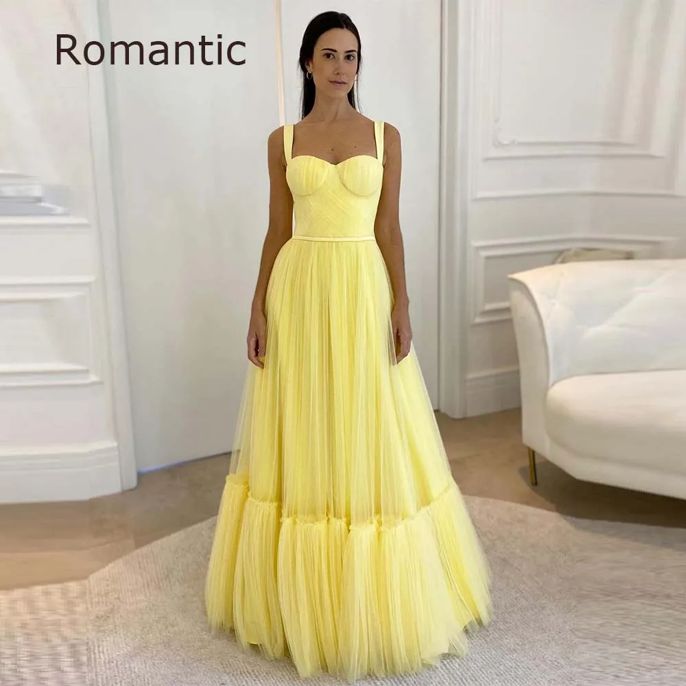 

Romantic Elegant Tulle Embroidery Lace Long Baby Yellow Party Dress Sweetheart Spaghetti Straps Prom Gowns Pockets Evening Dress