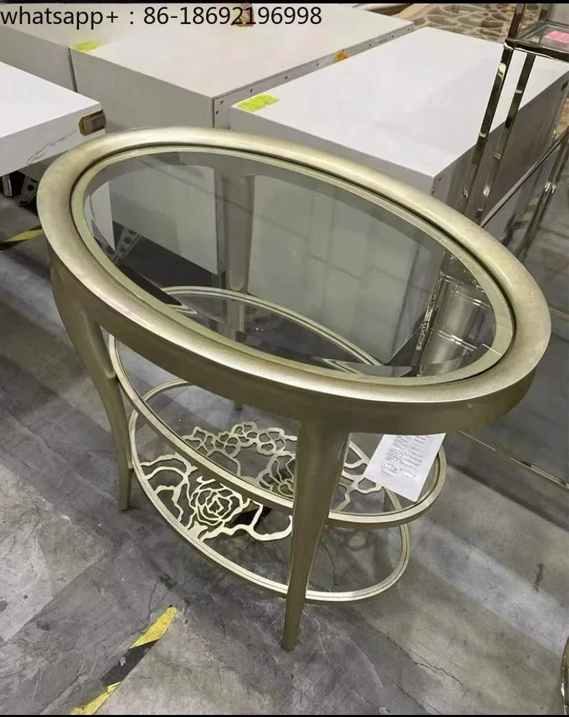 American solid wood oval coffee table designer living room stainless steel tempered glass tea table9344