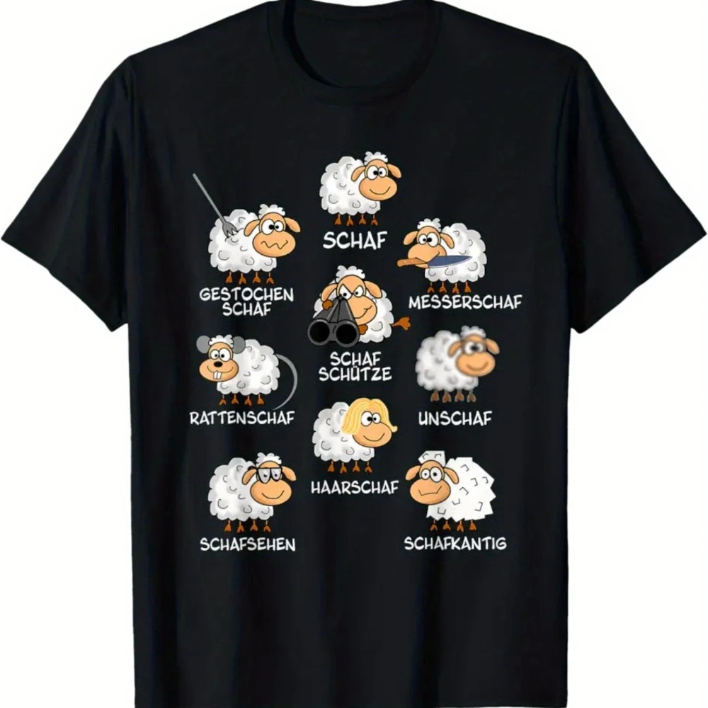 Camiseta divertida con diseño de juego de palabras de ovejas alemanas para adultos, color negro con ilustraciones blancas de ovejas con vocabulario alemán, camiseta informal de manga corta