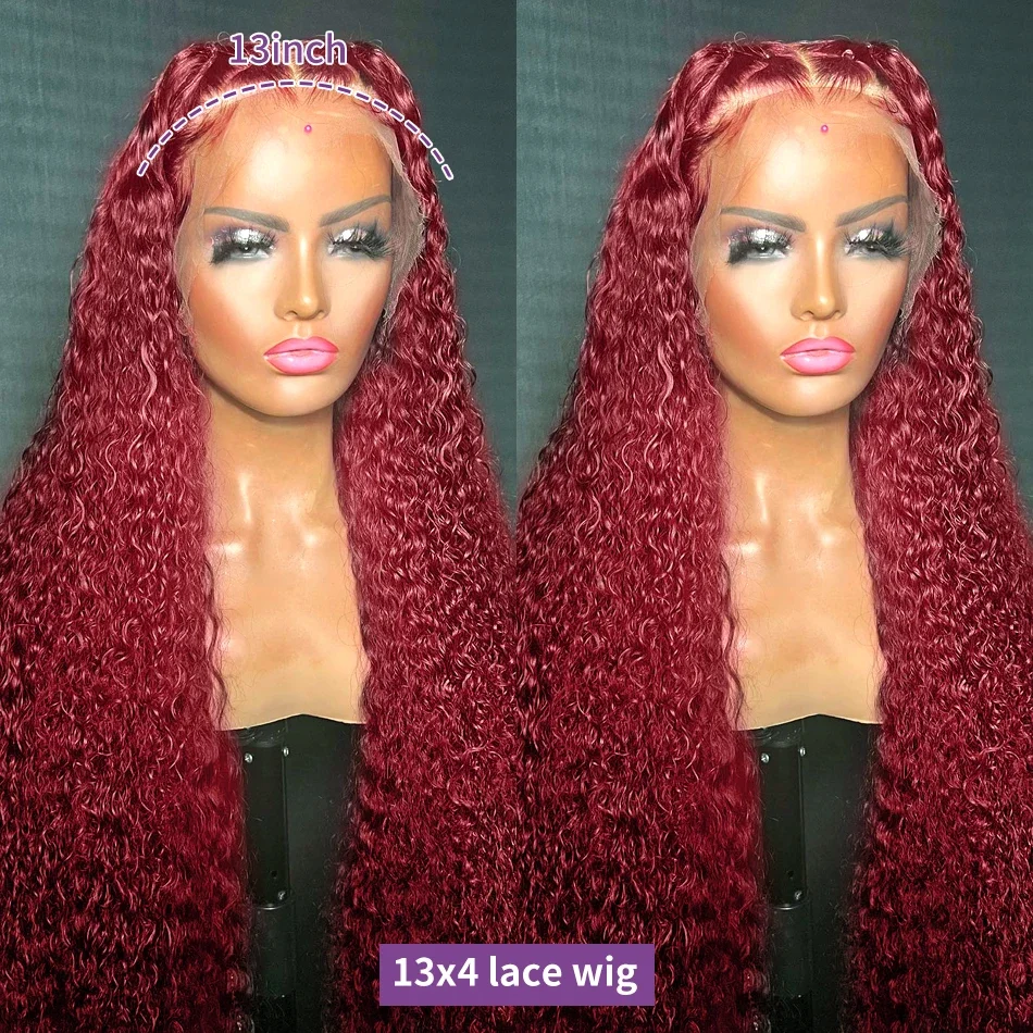 الباروكات شعر الإنسان بورجوندي غريب مجعد غلويليس الباروكات شعر الإنسان للنساء 13x4 أسود HD شعر مستعار الدانتيل 99J 100% شعر الإنسان ارتداء والذهاب