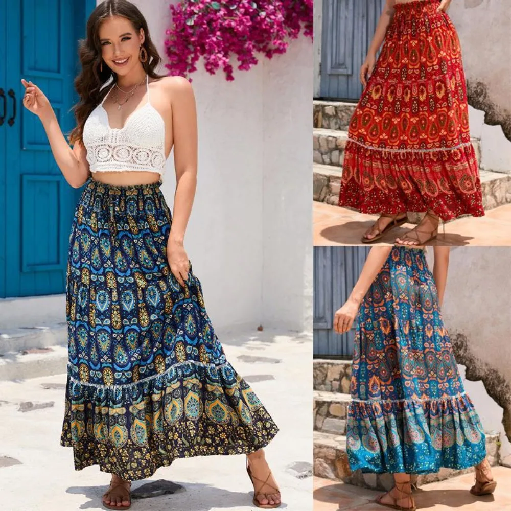 Women's Vacation Style Hollow Lace Patchwork Cotton Skirt with Exotic Style, High Waist Slimming and Loose Beach Skirt