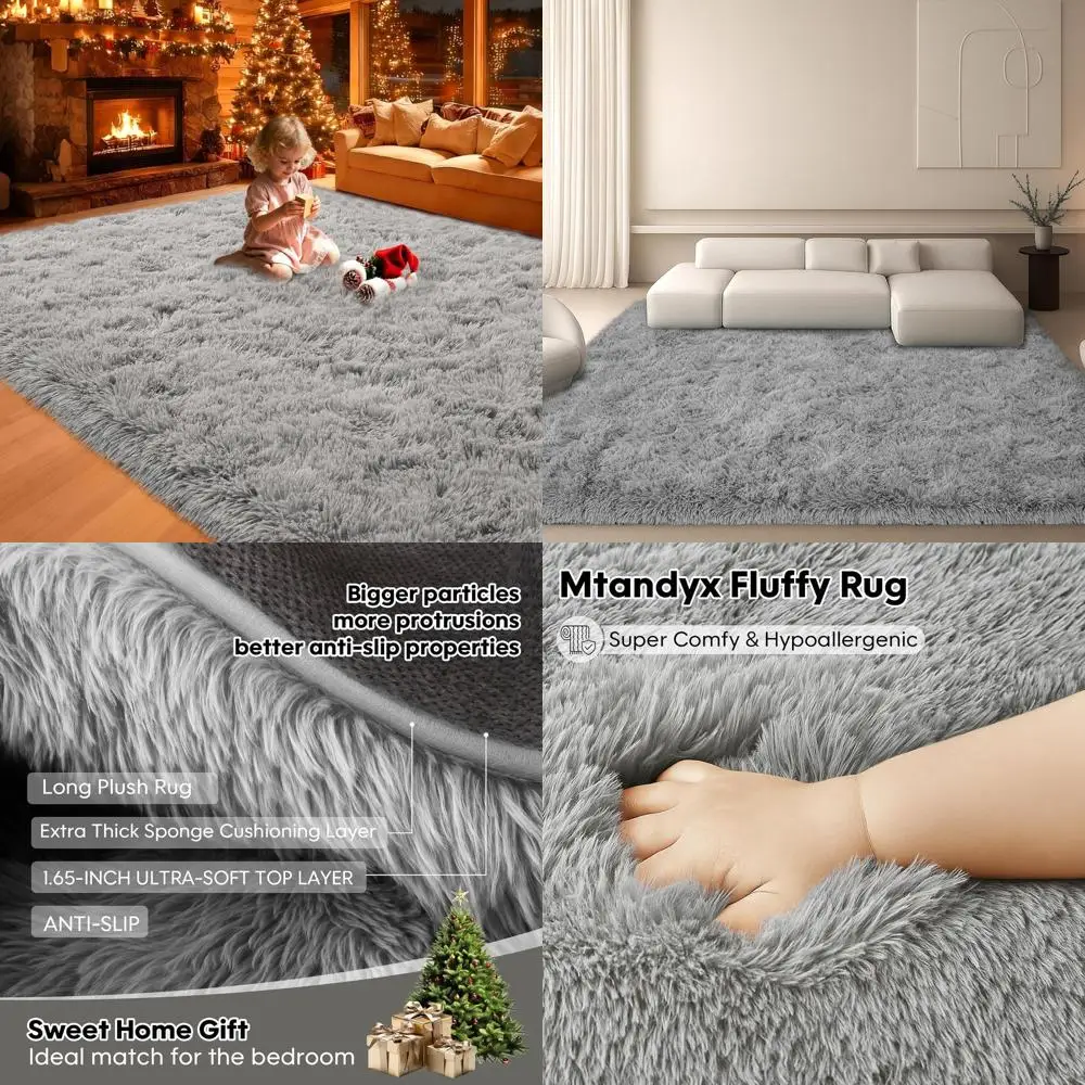 

Серый плюшевый ковер 6x9 для гостиной, спальни и общежитий — большой толстый напольный ковер с нескользящей основой