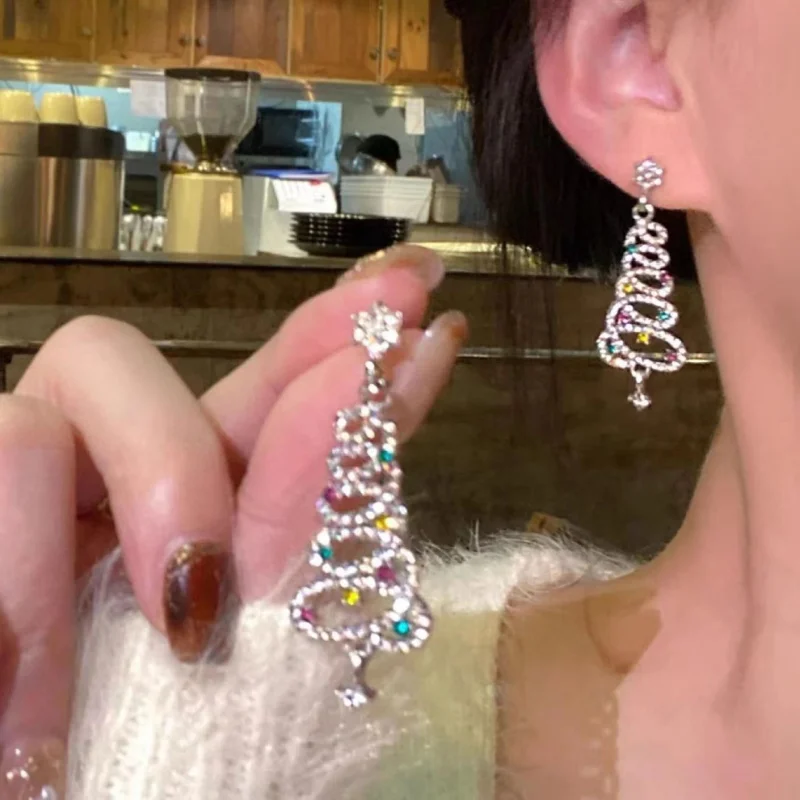 Women's Christmas Tree Zircon Crystal Star Dangle Earrings, Party Gift