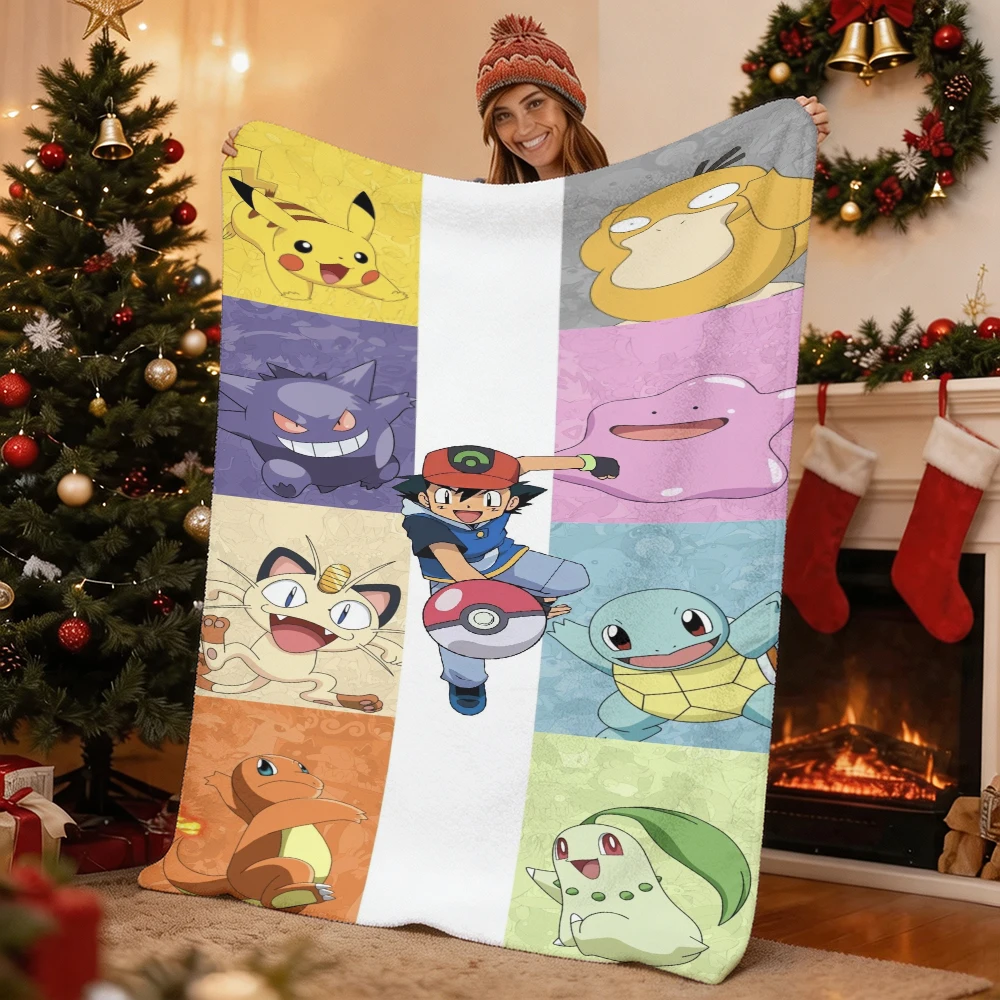 Pokemon Pikachu Gengar Bulbasaur Charmander Squirtle Psyduck Flannel Throw Blanket Soft Warm Blanket for Sofa Bed Home Decor Gif