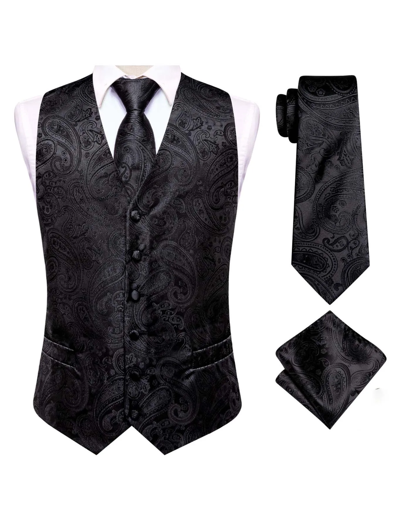 VERVEROW Men Solid Black Paisley Pattern Suit Vest Jacquard Waistcoat Matching Necktie Handkerchief For Formal Occasions