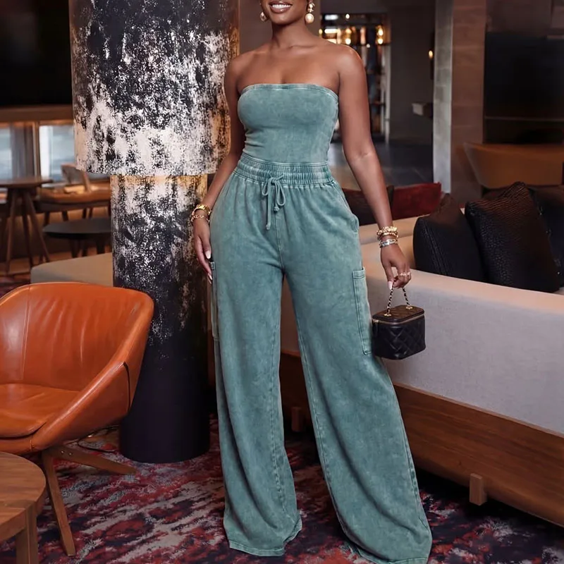 

Летний комбинезон Doyerl для женщин: без рукавов, без бретелек, с завязками на талии, широкие штанины, цельный наряд для клуба