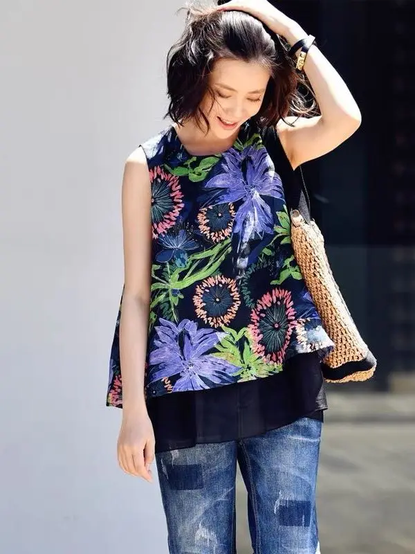 

Retro Artistic Flax Print Vest Women's ort Svel round Ne Double Layer A-Line Top Summer 2025 Commute Sle Loose Fit