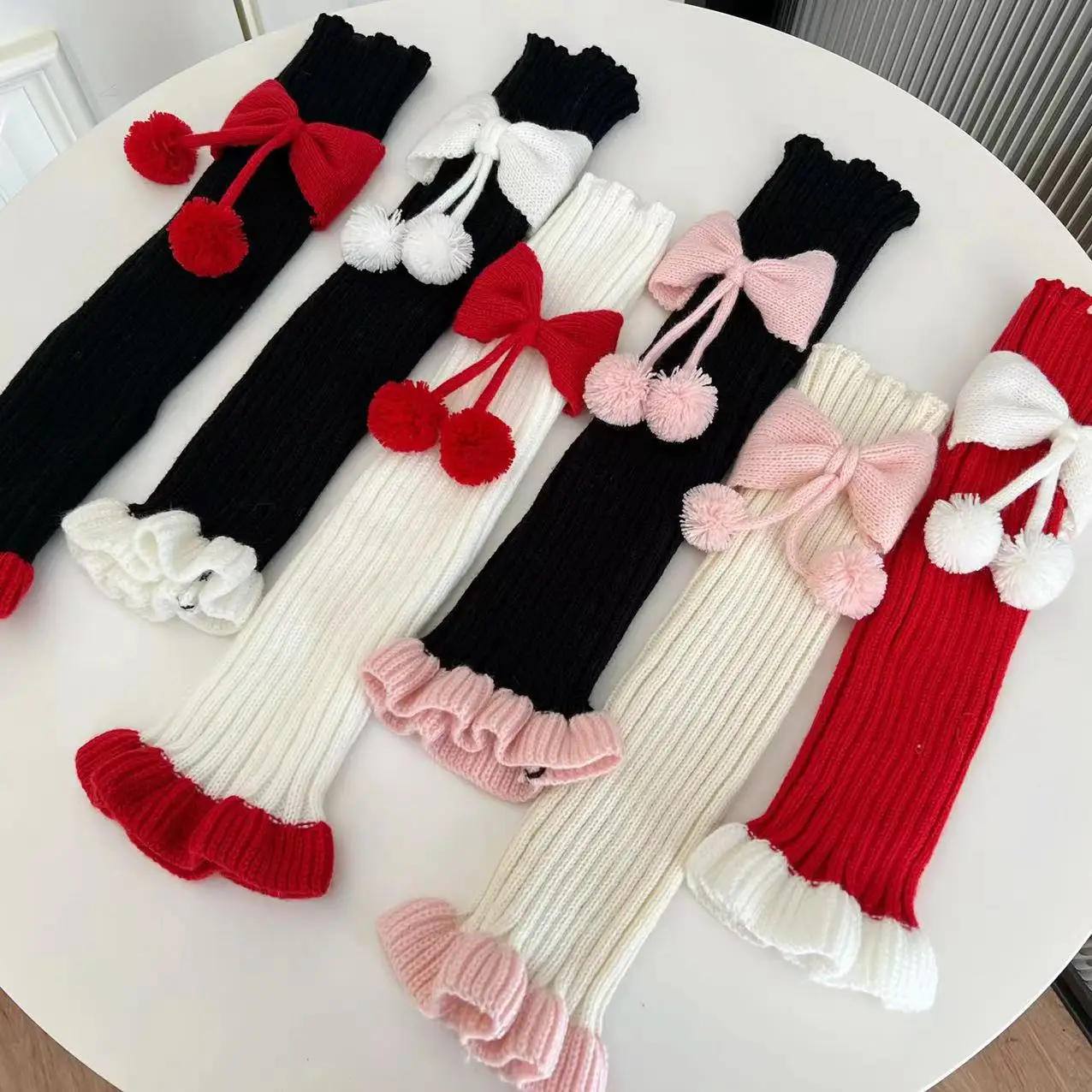 New Christmas Leg Cover Cute Bow Girls Hairball Matching Knitted Thermal Socks Cover Leg Warmers Women