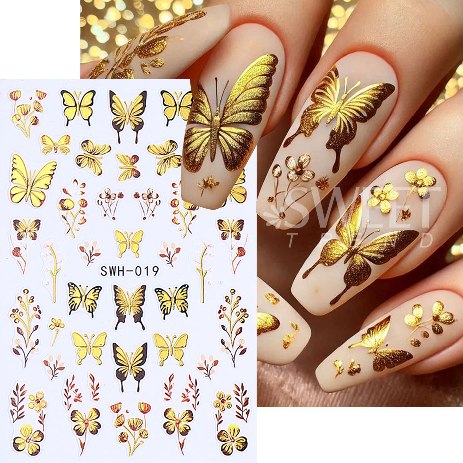 2pcs 3D Bronzing ผีเสื้อสติกเกอร์เล็บด้ายสีทองกลีบทิวลิปดอกไม้กาว Sliders สติ๊กเกอร์เล็บ DIY Charm ตกแต่งเล็บ
