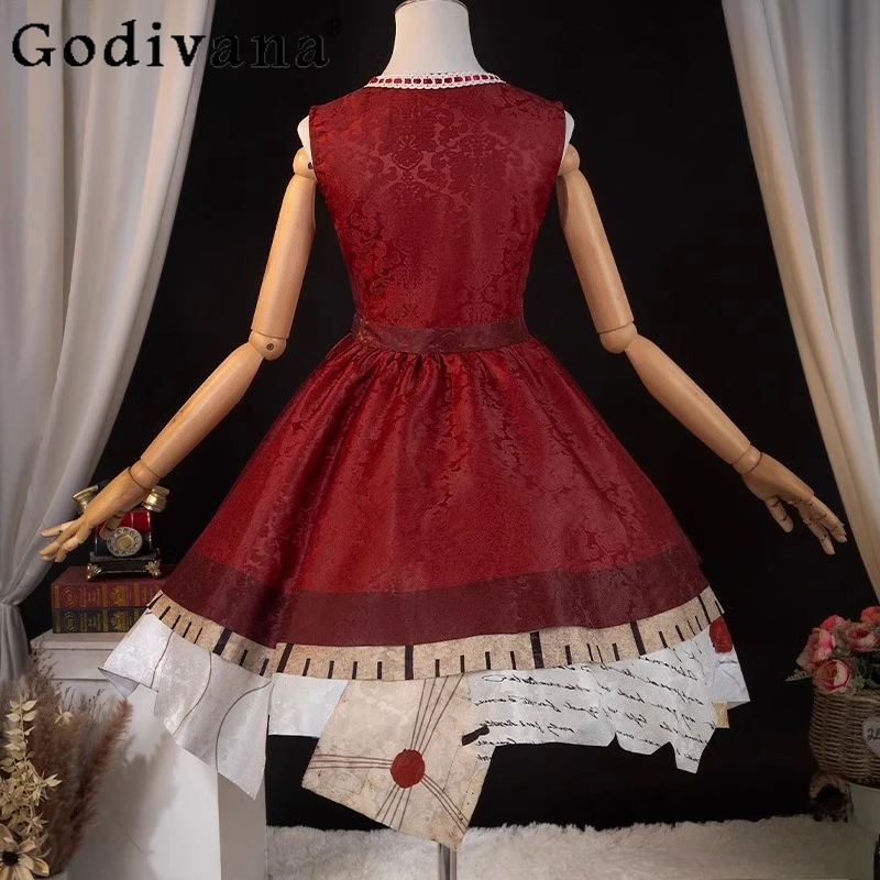 Costume cosplay per ragazza Pelle invecchiata Abito Lolita rosso Donna Abito natalizio carino Gioco Identity Survivor Memory Dress con parrucca