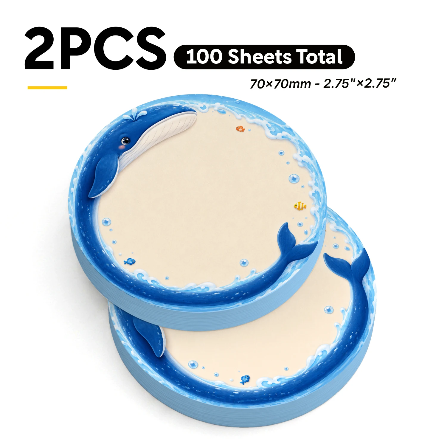 2PCS Blue Whale Round Sticky Notes 100 Sheets Ocean Wave Cute Fish Memo Pads Writing Reminder Notes Office School Stationery