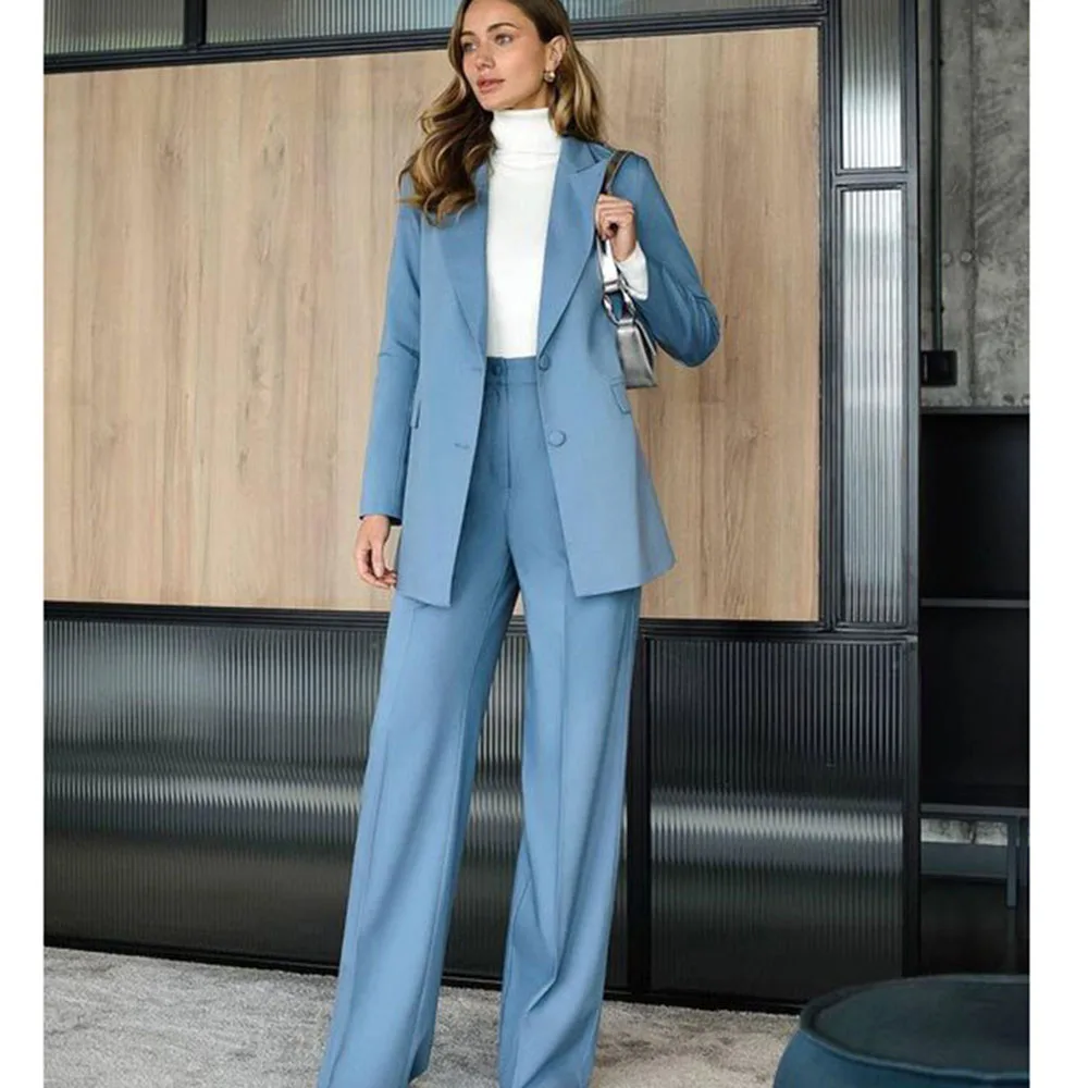 Smart New in Blue Women's Suits Single Breasted 2 Pieces Jacket Pants Female Clothing Slim Fit Office Banquet Lady's Costume