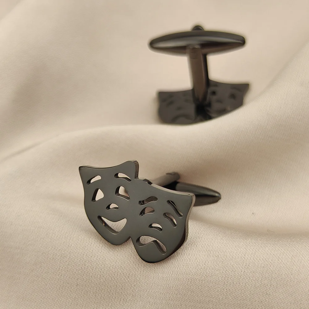 Cufflinks 316L Stainless Steel 18K Gold Plated Theater Comedy Tragedy Mask Hollow Mens Shirt Cuff Links Wedding Business Jewelry view 4