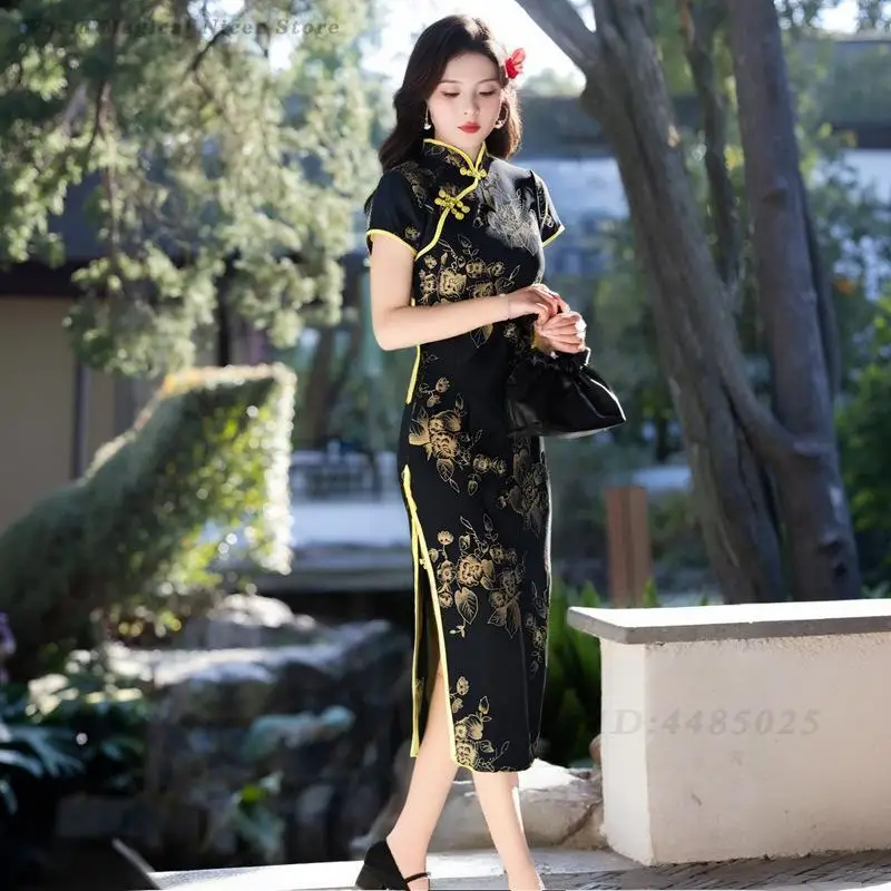 Luxury High-End Exquisite Printed Long Modified Qipao Slim Fit New Chinese Style Elegant Oriental Maxi Dress for Women