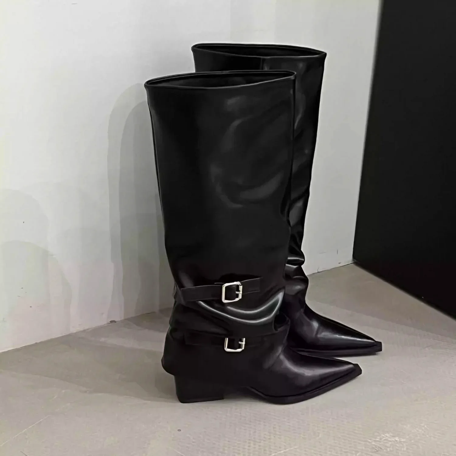 Vintage Damenstiefel mit Dickem Absatz, Frühling/Herbst, Elegante Ritterstiefel mit Gürtelschnalle – Detail 3