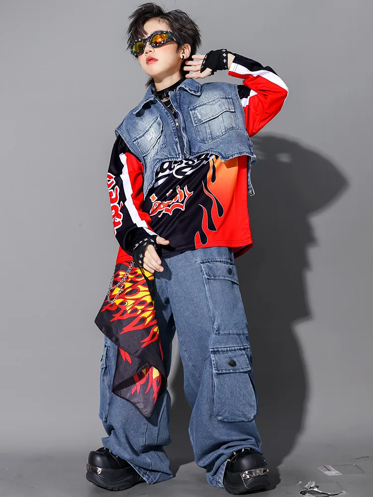 Kinder-Streetdance-Auftrittsoutfit Jungen Hip-Hop Denim-Kleidungsset Atmungsaktive Polyesterfaser Rundhals-Print-Design – Detail 23