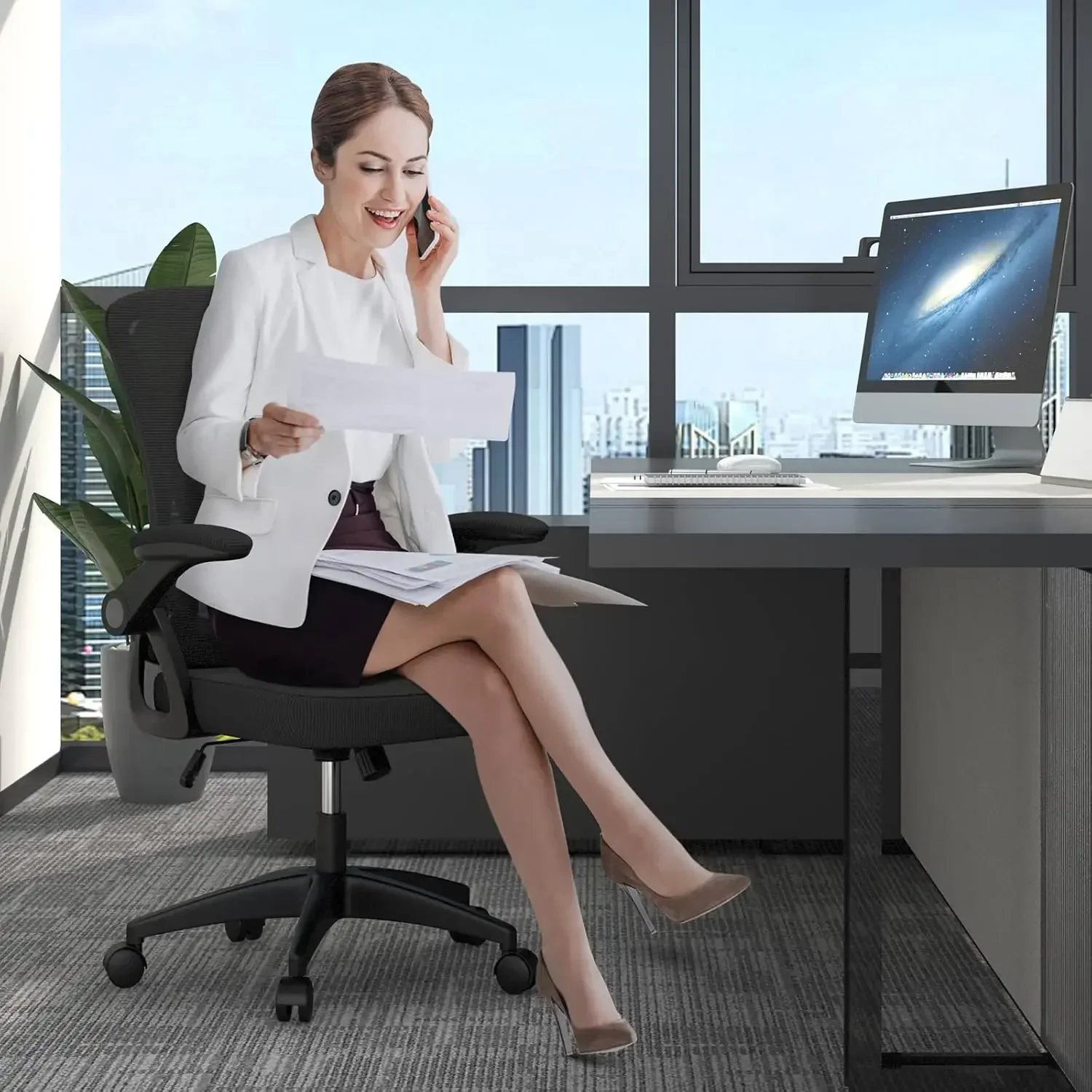 Ergonomic Office Chair,Mid Back Desk Chair with Adjustable Height,Swivel Chair with Flip-Up Arms and Lumbar Support, Breathable