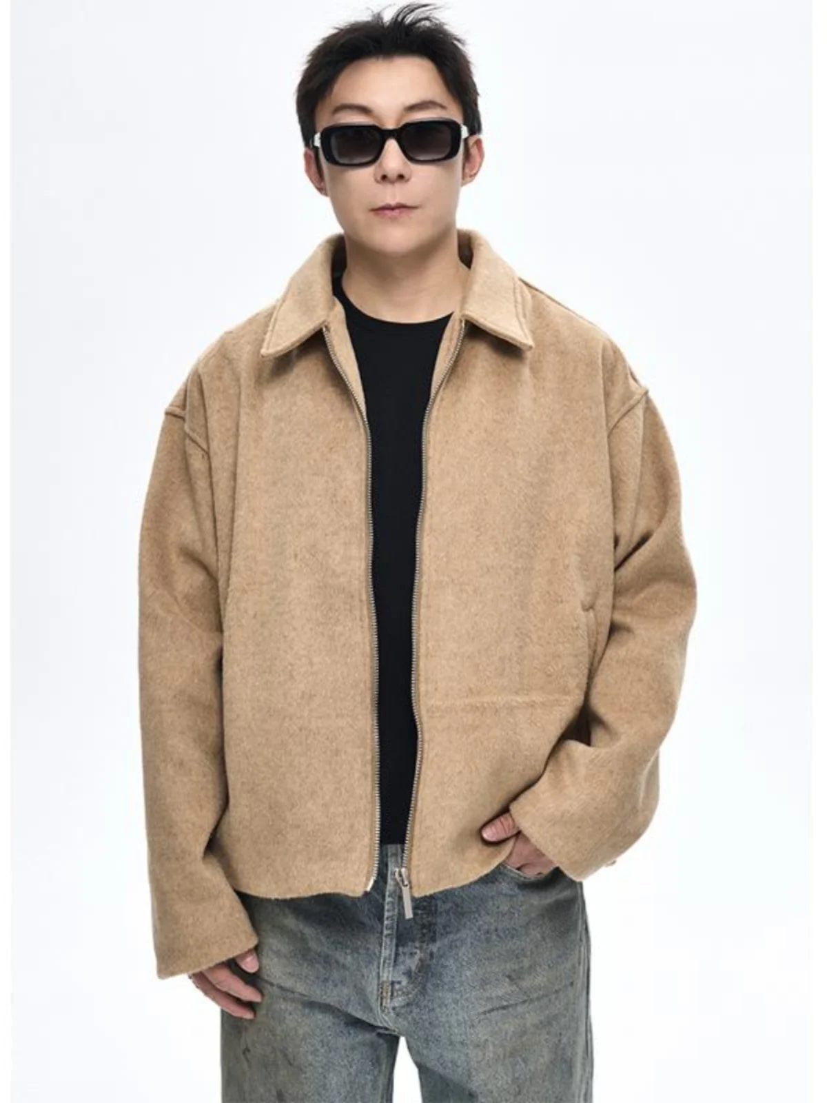 

Barnfit Vintage Sle Zipper Collar Wool Blend Casual Loose Jaet Youth Faion Spring Autumn Wear Outerwear Modern Sle
