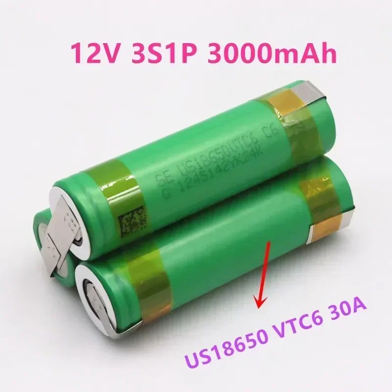 แบตเตอรี่ VTC6 US18650 12V 3000mAh 30แอมป์สำหรับไขควง12.6V แผ่นบัดกรี3S1P แบตเตอรี่12.6V (ปรับแต่ง)