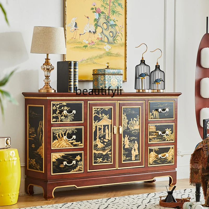 

European neoclassical Chinese-style painted all-solid wood dining side cabinet French medieval TV cabinet Entrance cabinet