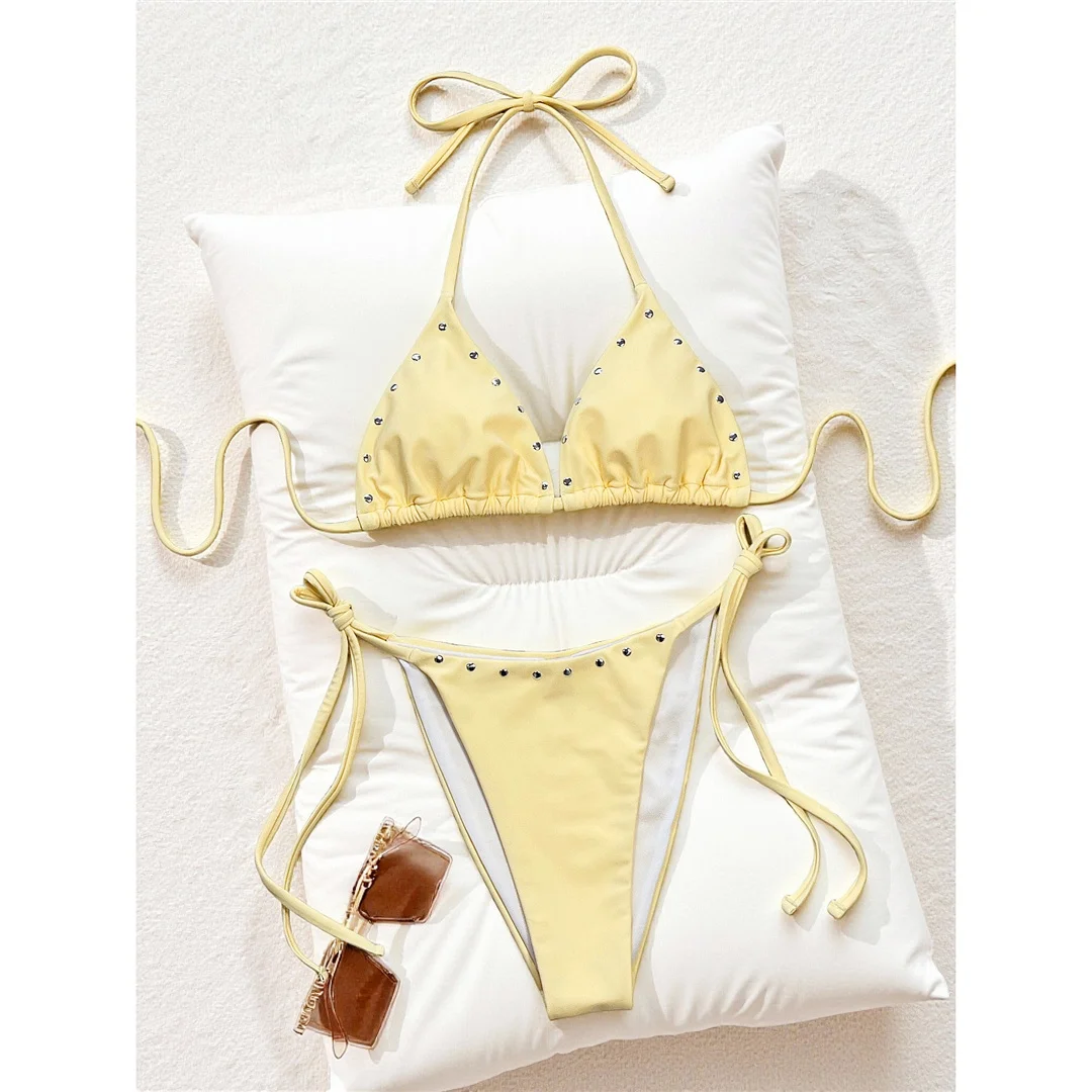 Sexy Punkte Neckholder-Bikini Damen-Badeanzug Zweiteiliger Bikini-Set mit Riemchen und hohem Beinausschnitt Badebekleidung Badeanzug V8159 – Detail 3