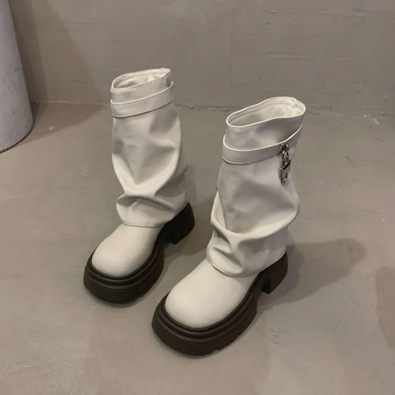 

Trendy Retro Short Boots Women's Thick Bottom Versatile Fashionable Autumn Winter round Toe Net Cloth Upper Synthetic Leather