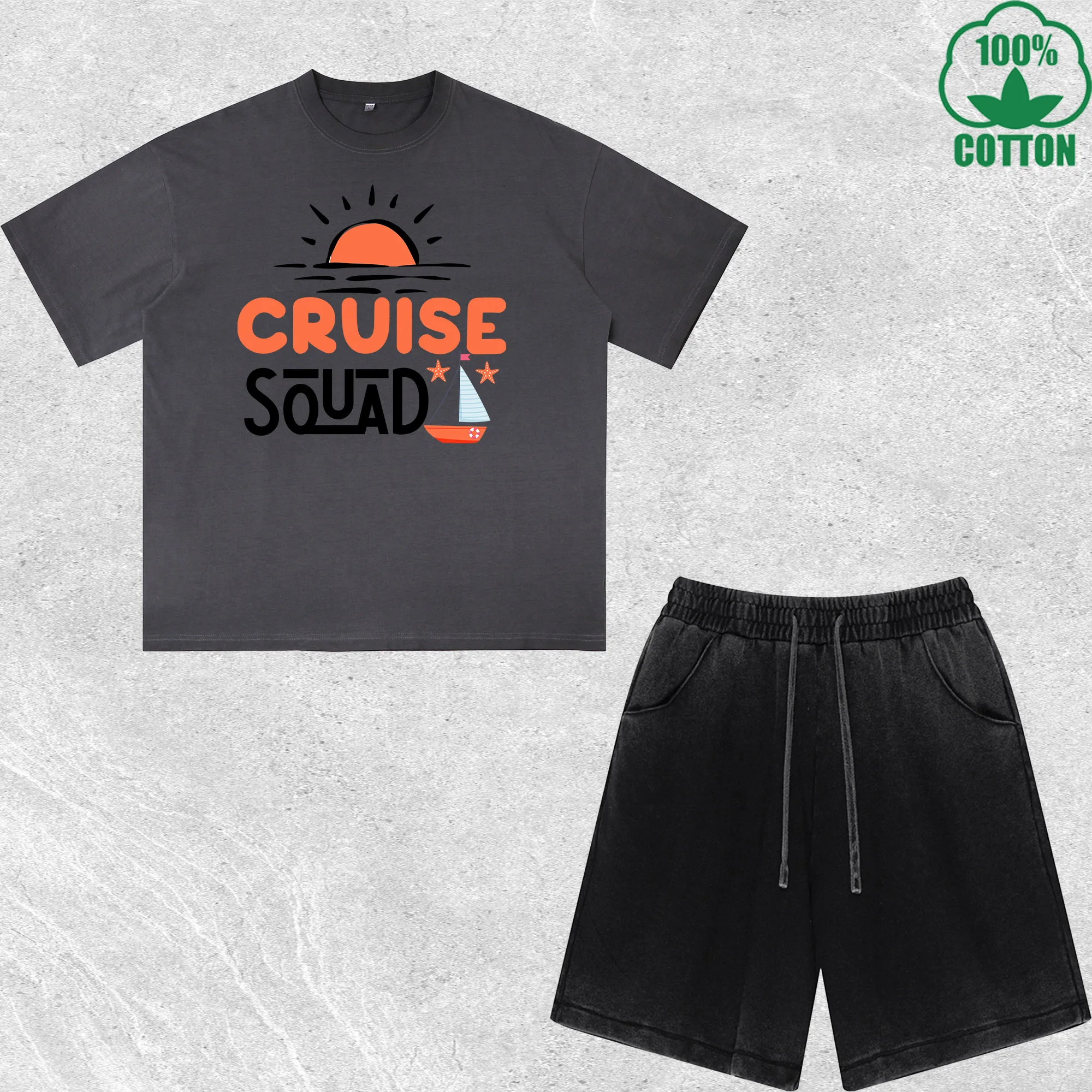 

Cruise Squad Printed Dirty Wash T-Shirt Shorts Set Combo Loose Trendy Fashionable 100%Cotton Black Suit
