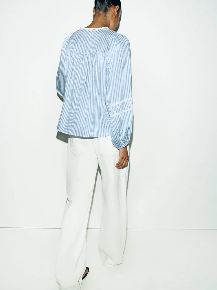 Summer 2026 Women's Fashion Long Sleeve round Neck Hollow out Embroidered Striped Shirt Versatile Elegant Chinese Style Top