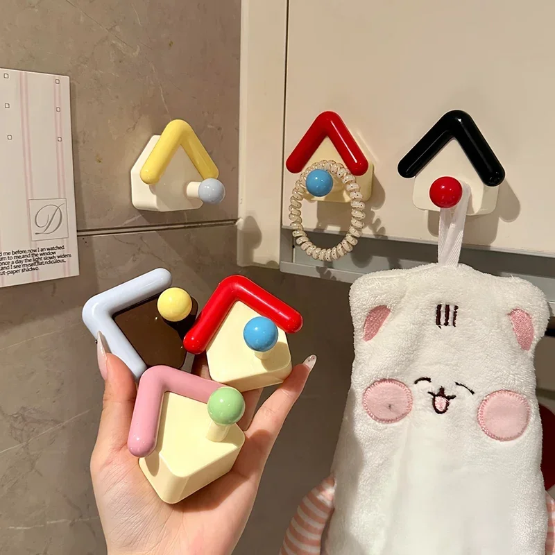 Cute Little House Shape Hooks Self-Adhesive Strong Hooks Household Bathroom Kitchen Wall-mounted Storage Hook No-punching