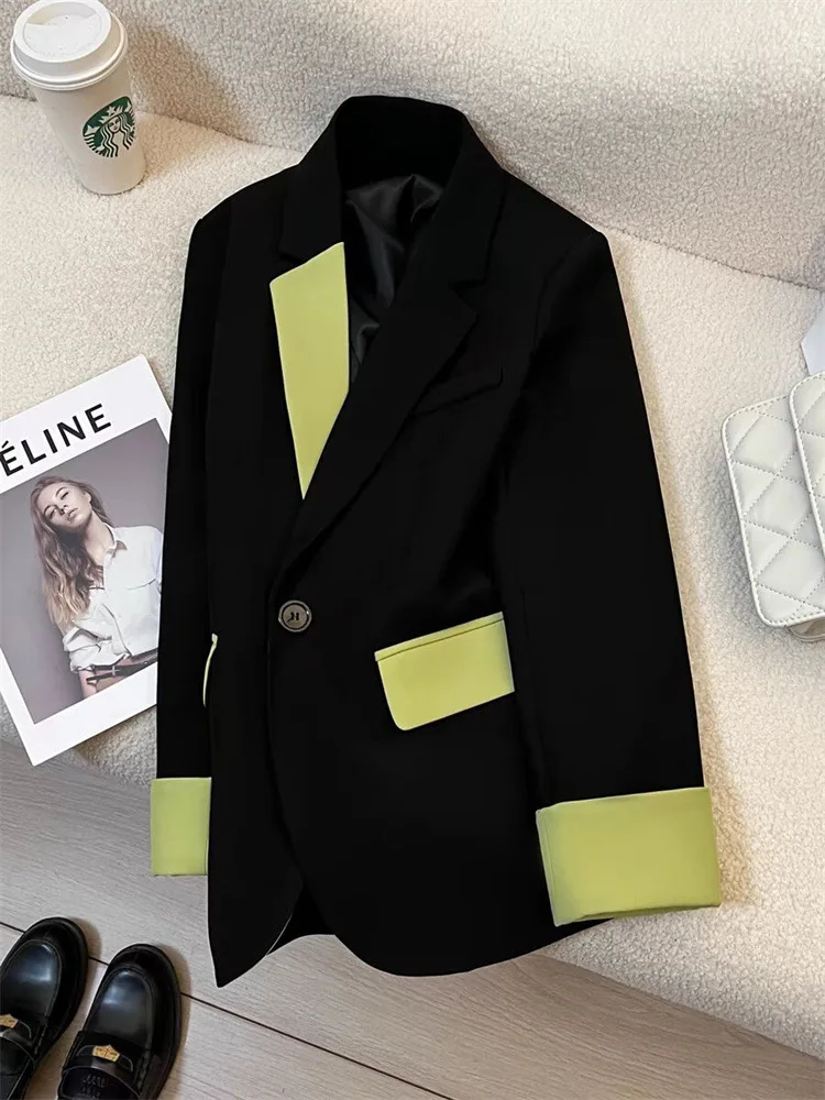 Color Block Women Blazers Elegant Casual Fashion Blazer Patchwork Loose Office Lady Long Sleeved Coats Autumn Winter