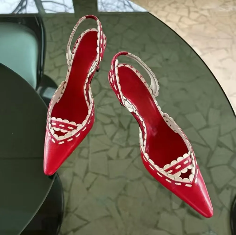 Red White Two-Tone Pointed Toe Slingback Heels Intricate Braided Trim Stiletto Heel Hollow Design Elegant Footwear for Lady