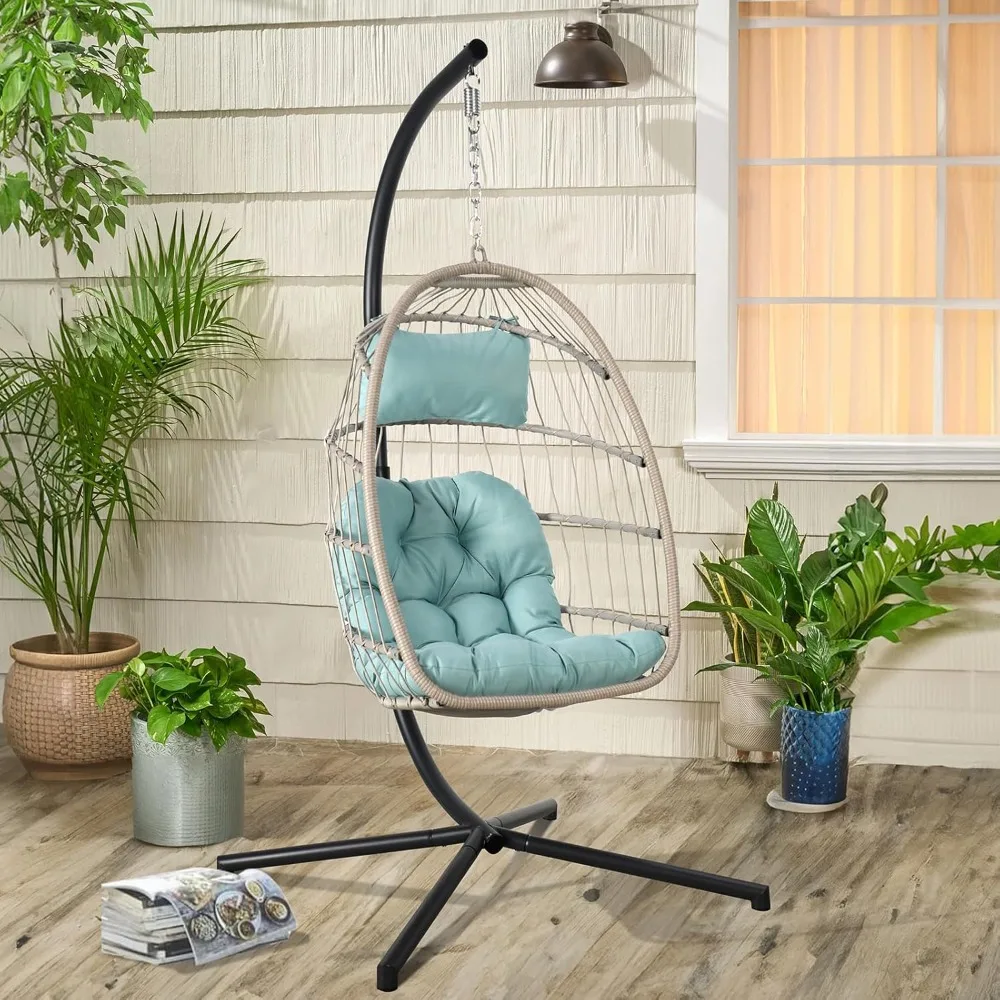 Hanging Egg Swing Chair with Stand, Cushion and Weather Cover, Foldable for Indoor Outdoor, for Bedroom, Patio, Porch. Egg Chair